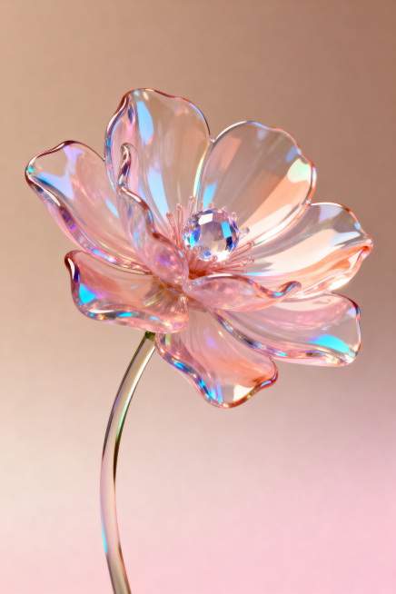 一只高度精致的3D玻璃花朵，半透明且轻盈的花瓣呈现柔和的粉色和桃色调，带有细微的蓝色反光，花瓣薄如吹制玻璃，表面极其光滑且富有光泽，中心有晶莹的细节，花茎优雅自然，单支花朵构图，背景为温暖的裸色和浅粉预览效果