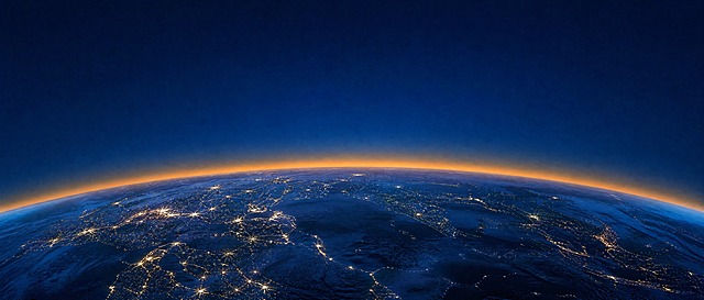 将画面下方的上海陆家嘴城市替换为从太空俯瞰的地球夜景曲面，呈现全球城市灯光如繁星般点缀在地球表面，深蓝色的海洋与陆地轮廓清晰可见，地球曲面弧度自然，保持上方大面积深蓝色夜空区域，整体风格科技感、商务大气，弧形地平线，暖橙色天际线光带过渡，高清细腻，电影级画质