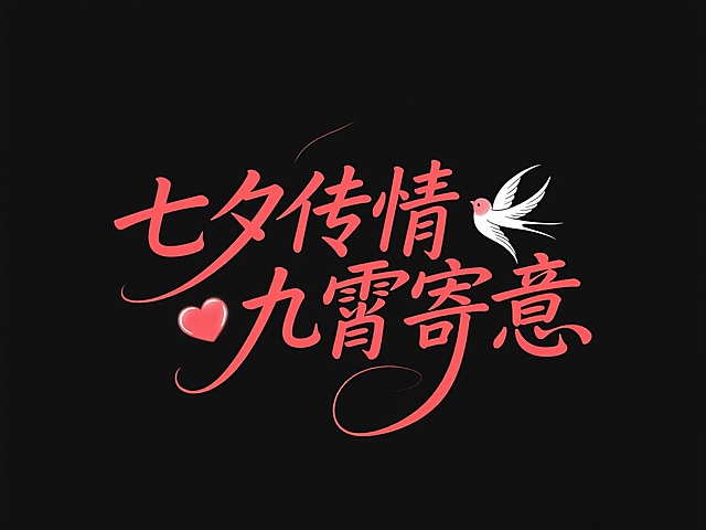 以深邃黑色为背景，烘托出浪漫又神秘的氛围；粉嫩灵动的字体书写 “七夕传情 九霄寄意”，笔画柔婉似流转着缱绻情意；俏皮爱心符号与形似喜鹊的白色飞鸟点缀其间，既呼应七夕 “鹊桥相会” 的美好传说，又生动诠释出爱意能跨越星河、直抵九霄的浪漫遐想，整体画面巧妙融合了七夕的深情与梦幻感。