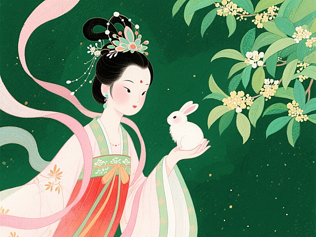 甜美绘本风格，深绿色块背景，嫦娥女孩，精美头饰，手掌小兔子看着她，盛放桂花与层叠绿叶，柔和圆润笔触，粉白绿红渐变色彩，秋季精致汉服