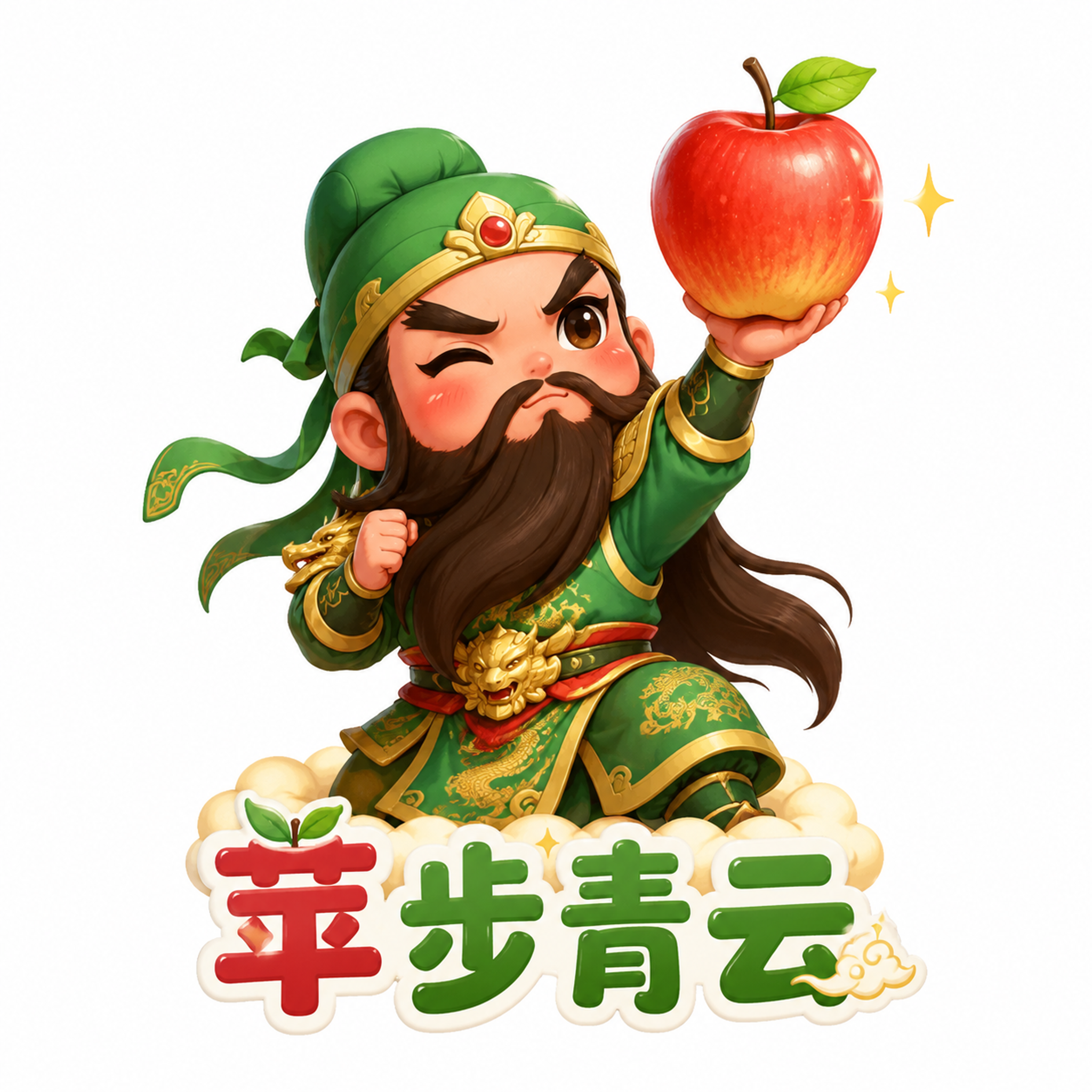 创意可爱Q版插画，关羽形象与苹果搭配，关羽做出举着苹果的帅气可… - 图片创意预览