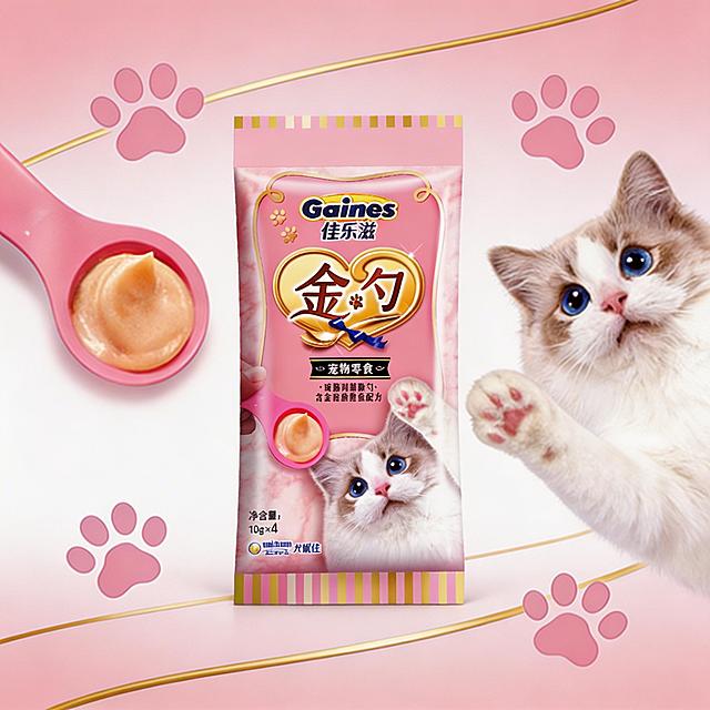 将图中间的产品包装替换为对应的粉色款佳乐滋金勺宠物零食包装，左侧粉色勺子和右侧布偶猫保持不变，背景为和包装匹配的淡粉色，猫爪印和金色线条元素保留，包装外的白底保持不变