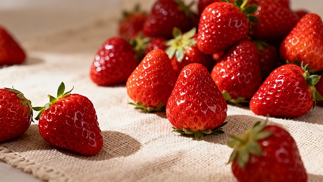 草莓水果创意实高清拍静物图，诱人的新鲜红色系水果，充满了食欲，看上去就想咬上一口，草莓季促销场景实拍图，真实高清摄影。散落的很有艺术创意感