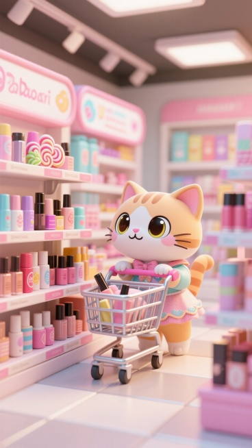 化妆品店，头身比1:1的小猫推着购物车在买化妆品，打扮漂亮眼睛闪亮四处张望，货架上摆满化妆品预览效果