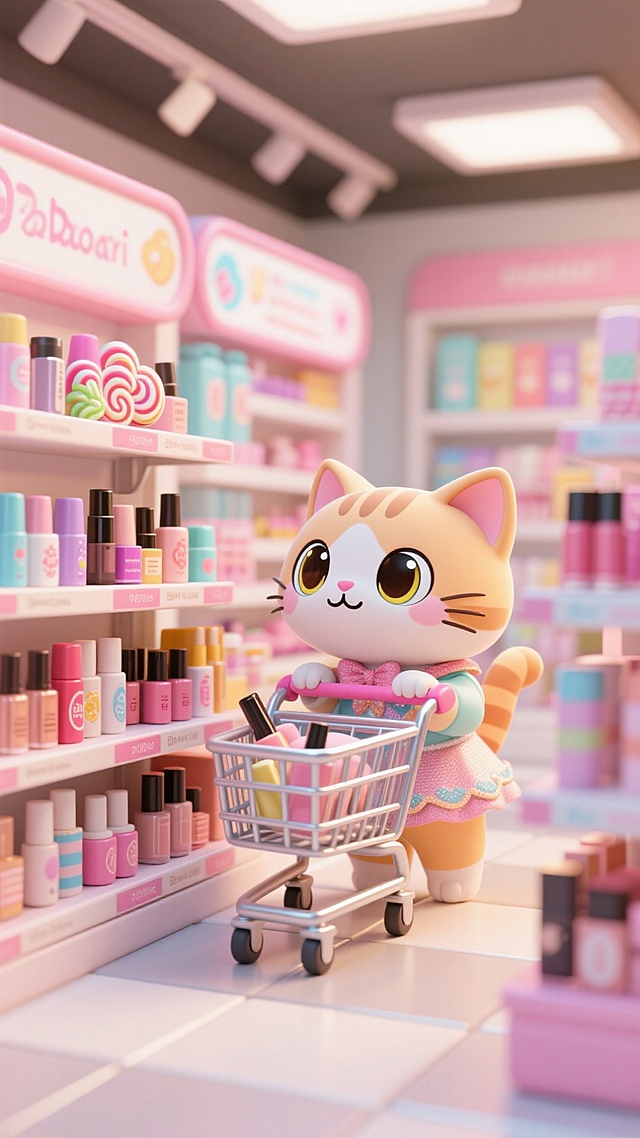 化妆品店，头身比1:1的小猫推着购物车在买化妆品，打扮漂亮眼睛闪亮四处张望，货架上摆满化妆品