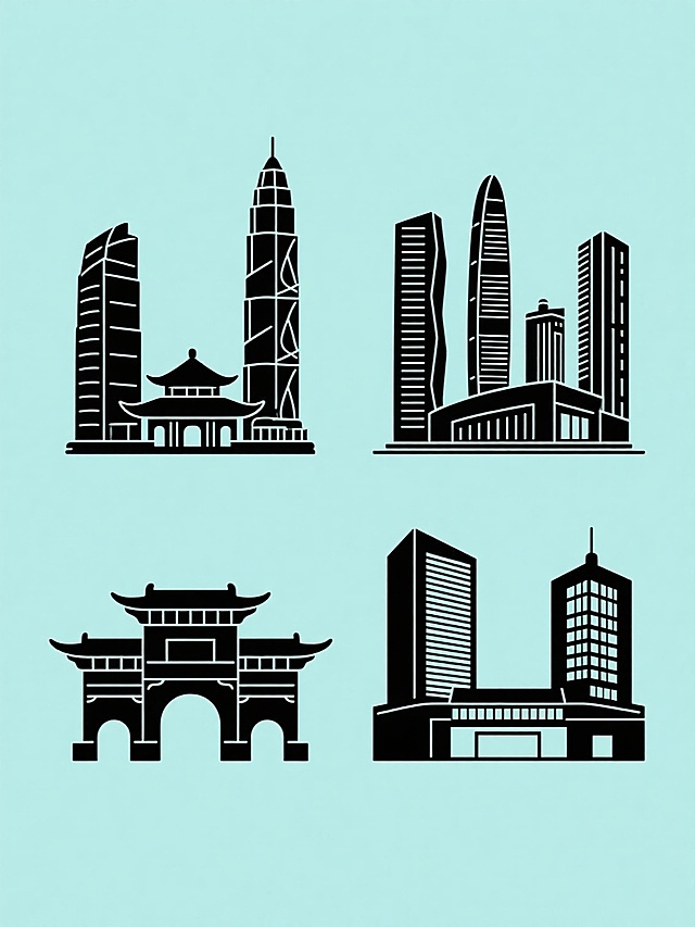 极简风格城市建筑插画系列，纯色背景，画面整体色彩变换，四个区域建筑元素规整排布。香港标志性建筑以简洁流畅的黑色线条勾勒，造型独特，细节丰富，线条清晰，构图均衡；广东特色建筑同样以黑色线条呈现，保持极简风格，与香港建筑形成系列感；北京传统与现代融合建筑，延续黑色线条勾勒，兼具传统韵味与现代气息；浙江古典与现代结合建筑，遵循同系列风格，黑色线条勾勒出古典与现代交融的独特造型。整体设计具有强烈的视觉冲击力和信息传达效率，符合现代城市宣传海报的设计感，元素类目保持一致，每个区域建筑为完全不同内容，共同构成协调统一的系列素材集合。