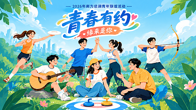 参考图的扁平插画风格、构图骨架、人物互动氛围和蓝绿橙配色体系，生成一张青年联谊活动主题的品牌主视觉KV海报。画面中有6位年轻活力的年轻人，在夏日户外场景中进行多元运动互动：左上角女生奔跑接飞盘，中间男生女生击掌互动，右侧男生拉弓射箭，左下角男生弹吉他，中间女生戴黄帽子手持饮料微笑，右下角男生盘腿聊天。前景有冰壶道具，背景是蓝天白云、青山绿植和远处的城市建筑。整体风格为清新扁平插画，线条干净，色彩明亮饱和，蓝绿为主色调，粉色和暖橙色做点缀，充满青春浪漫和夏日治愈感。画面顶部居中位置有主标题文字"青春有约"，字体圆润活泼大气，下方紧邻副标题"缘来是你"。主标题上方有活动全称小字"2026年南方总调青年联谊活动"，作为活动标识呈现。画面四周有植物叶片做前景装饰，增加层次感。版式精美，构图饱满，人物表情生动阳光，传递积极向上的青春联谊与浪漫邂逅氛围。画面中所有信息区域必须填充完整合理的内容，不得出现空白框或待填写区域。画面中所有文字必须精确渲染，不得错位、遗漏或编造。