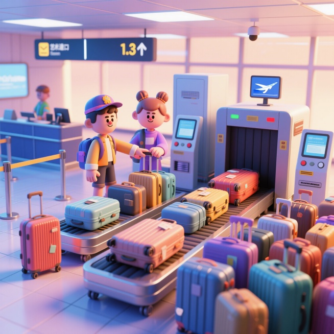 机场安检场景，行李按航班顺序有序逐件投放，不存在混投、乱投、密集扎堆投放的情况，3D卡通风格预览效果