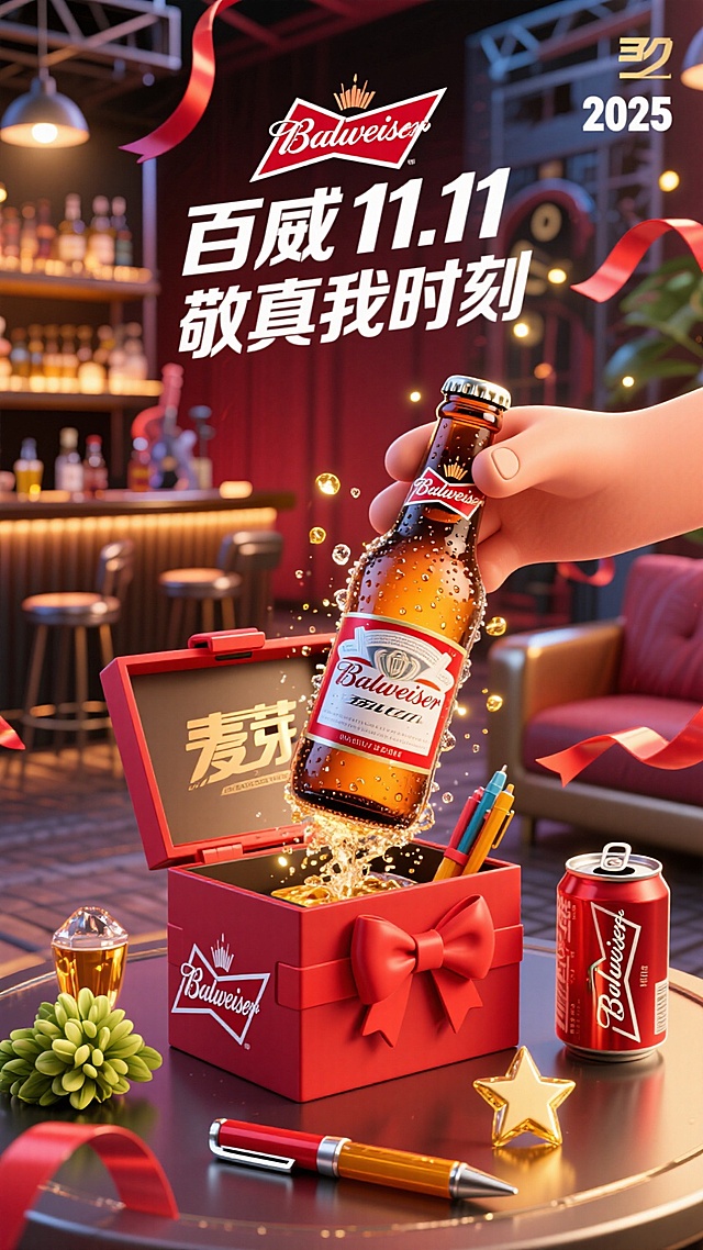 3D重拟物风格，融合波普艺术与金属质感，粒子飞溅营造喜庆氛围，红金配色呼应节日主题，礼盒开箱瞬间释放真我时刻。