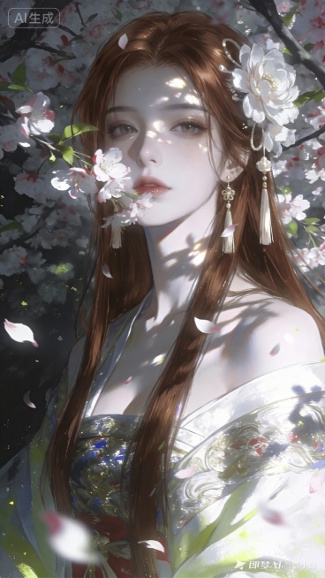保留图一的水墨古风樱花背景、服饰构图和光影绘画风格，将人物替换为图二的棕发戴花古风女性，保持整体画风自然融合预览效果