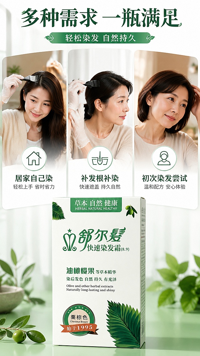 [第8屏] 多场景种草，舒尔发染发霜日常使用场景。本屏使用【图1】作为产品展示。
[氛围/风格] 生活氛围感，多场景拼贴，温馨自然。
[元素布局] 分三格展示不同使用场景：1. 居家自己染；2. 补发根补染；3. 初次染发尝试；每个场景配小图示意，底部放大展示产品包装盒；产品外观与原图一致。
[光影质感] 每个场景自然光感，整体光影统一和谐，产品清晰。
[配色色系] 全局底色 #ffffff；主色绿色；辅助色场景原图自然配色。
[视角构图] 上三场景拼图 下产品，错落有致，阅读节奏舒适。
[文字版式] 顶部主标题「多种需求 一瓶满足」，每个场景配小字场景说明，底部产品放置在绿色渐变背景上，突出产品。
[比例分辨率] 9:16竖版比例，宽度1080px，高度1920px，4K分辨率，文字清晰可辨，高清画质。
[负向提示词] 场景杂乱，产品变形，文字遮挡产品，水印，文字错乱