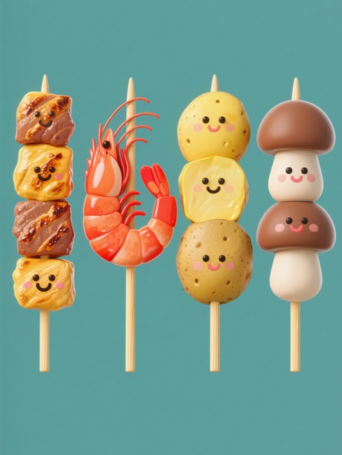 纯色背景上，四个软3D风格的卡通烤串规整排布，每个烤串都有可爱的笑脸表情。从左到右依次是：一串烤肉串，由金黄色的肉块串成，表面有诱人的烤痕；一串烤虾串，鲜红的大虾弯曲着身体，虾壳带有光泽；一串烤土豆串，黄色的土豆块厚实饱满；一串烤蘑菇串，棕色的蘑菇伞盖圆润可爱。所有烤串都插在浅色的竹签上，整体色彩鲜亮明快，风格统一，充满童趣。预览效果