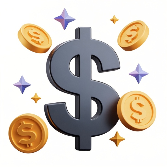 金币，表面带有美元符号‘$’，周围环绕闪亮的高光与星星效果，呈现出立体且闪耀的视觉感。许多金币掉落下来，一些在空中，一些在地上，不杂乱预览效果