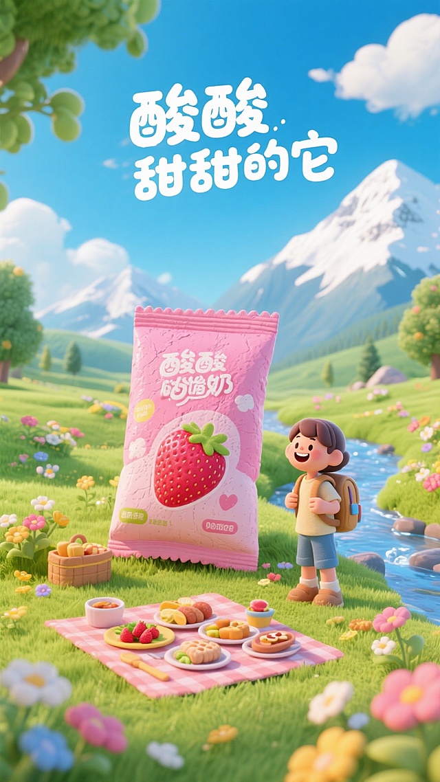 3D卡通风格，清新甜美微缩艺术风，展现春日野餐的欢乐场景。