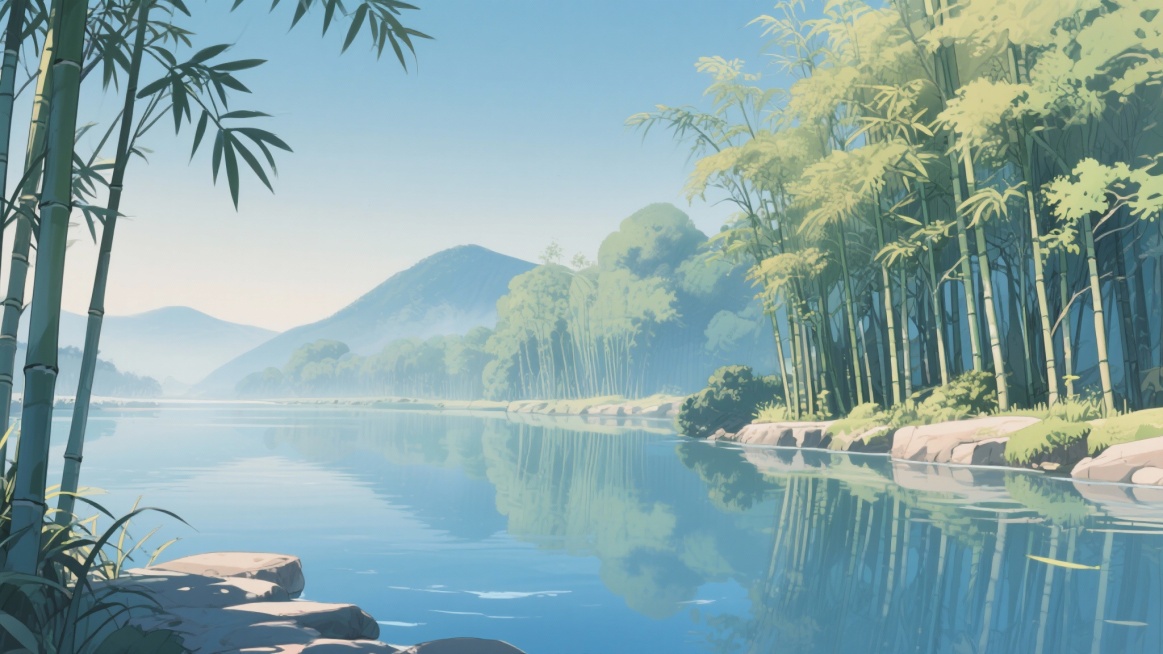 二次元古风，细节丰富，竹子江边，浅蓝色为主，生成2张，不要人，4k，16:9预览效果