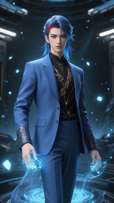 东方科幻风格人物插画，主体是一位身着蓝色西服的角色，场景设定为神秘的灵幻空间，现代科幻题材，细腻渲染，清冷的蓝色为主色调，暗黑色内搭，金色装饰点缀，幽谧又神秘的氛围，正面特写视角，突出人物的神态与服饰预览效果