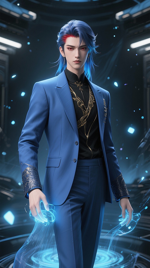 东方科幻风格人物插画，主体是一位身着蓝色西服的角色，场景设定为神秘的灵幻空间，现代科幻题材，细腻渲染，清冷的蓝色为主色调，暗黑色内搭，金色装饰点缀，幽谧又神秘的氛围，正面特写视角，突出人物的神态与服饰细节，发丝间有蓝色挑染，眼尾有红色妆容，手部流转蓝色光效，衣摆和袖口有纹理，背景中飘散荧光粒子，奇幻质感与东方美学