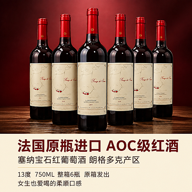 [主图-1] 整箱6瓶红酒全家福展示，突出法国原瓶进口AOC级别的高端品质与整箱购买的性价比。
[统一基调] 拼多多食品酒类主图，真实实拍质感，低AI感，高清电商商品图，无牛皮癣。整体配色采用深酒红+米白+浅金的高级感配色，拒绝花哨艳丽。字体使用简洁大气的无衬线黑体，文字全部放置画面下方区域，画面主体在上部。
[画面] 画面上部70%区域展示6瓶塞纳宝石红葡萄酒整齐排列，中间靠前1瓶为视觉焦点，左右各2瓶错落摆放，红色酒帽和米白色酒标清晰可见，瓶身玻璃质感通透有光泽，酒瓶放置在深棕色木质台面上，背景为柔和的深酒红色渐变背景，带有微弱的光晕效果，营造高端红酒氛围。画面下方30%区域为文字信息区，背景为浅米白色。
[光影质感] 商业摄影棚拍质感，主光从左上方45度打下，瓶身有自然高光反射，瓶底有柔和接触阴影，酒液呈现深邃宝石红色泽，整体光影柔和高级，突出红酒的质感与档次。
[配色] 背景主色深酒红渐变，文字区底色浅米白，主标题字色深酒红，辅助文字深棕色，强调色浅金色，整体色调沉稳高级不花哨。
[文字版式] 文字全部在画面下方区域，主标题大号粗黑体"法国原瓶进口 AOC级红酒"，副标题中号"塞纳宝石红葡萄酒 朗格多克产区"，下方两行小字"13度 750ML 整箱6瓶 原箱发出""女生也爱喝的柔顺口感"，文字左对齐或居中排列，行距舒适，字体简洁大气无装饰。
[输出要求] 1:1正方形比例，2048*2048像素，文字清晰可读，产品清晰锐利，无变形错字，无水印无平台Logo，无多余装饰元素，真实实拍质感，低AI感。