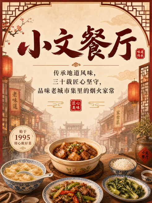 传统美食餐厅“小文餐厅”的宣传单第一页设计，国潮传统美食风格，画面顶部用醒目书法字体展示餐厅名字“小文餐厅”，下方配有餐厅简介文字：“传承地道风味，三十载匠心坚守，品味老城市集里的烟火家常”，整体排版预览效果