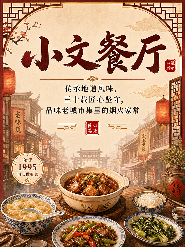 传统美食餐厅“小文餐厅”的宣传单第一页设计，国潮传统美食风格，画面顶部用醒目书法字体展示餐厅名字“小文餐厅”，下方配有餐厅简介文字：“传承地道风味，三十载匠心坚守，品味老城市集里的烟火家常”，整体排版简洁雅致，暖色调，适合餐饮宣传，保留完整可辨认的文字内容。