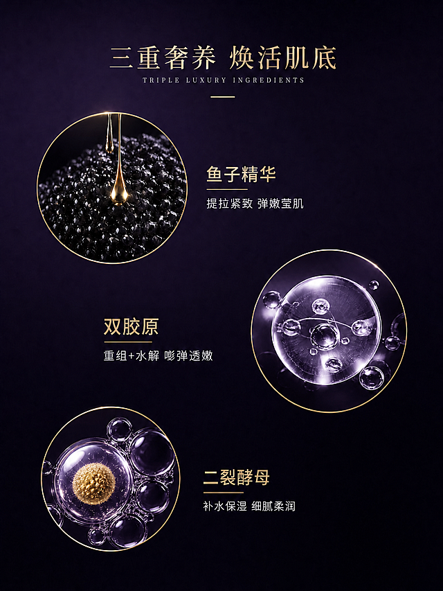 调整这张三重奢养成分主图中成分元素的色彩，使其与原始产品成分图的色彩完全一致。具体调整：1. 鱼子精华圆形图：恢复原图的深紫黑色调背景感，鱼子颗粒保持黑色饱满，金色滴液保持原图的金色光泽但不要偏暖黄；2. 双胶原圆形图：从现在的暖金色调恢复为原图的透明水晶感+深紫色环境光反射，分子球是透明带紫边的冷调质感，不要整体发黄；3. 二裂酵母圆形图：从现在的暖金色调恢复为原图的透明气泡+内部金色颗粒+紫色边缘反光的质感，气泡边缘带紫色光晕，不要整体偏金黄；保持深紫色背景、文字排版、三角错落布局全部不变，只调整三个圆形成分图内部的色彩调性，使其与原始成分图的紫调透明质感一致。保持3:4竖版，高清。