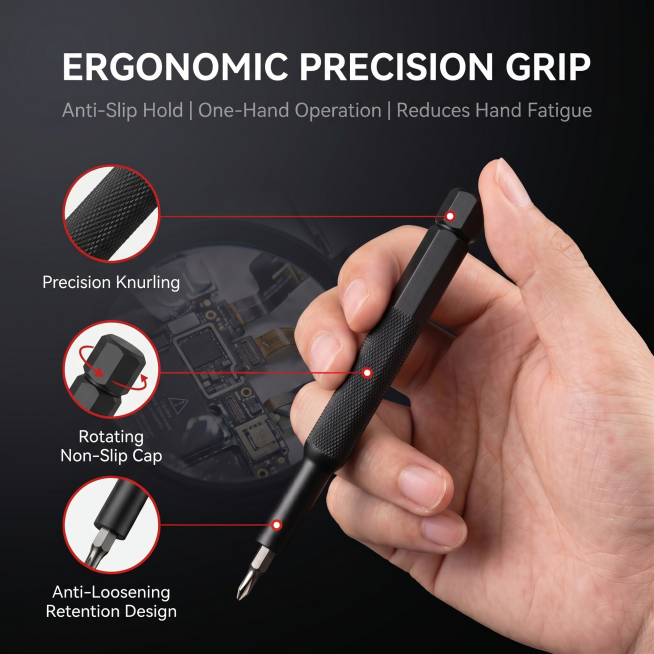 深灰渐变背景，手持黑色哑光螺丝刀特写，顶部加粗英文标题'ERGONOMIC PRECISION GRIP'，下方小字'Anti-Slip Hold | One-Hand Operation | Red预览效果
