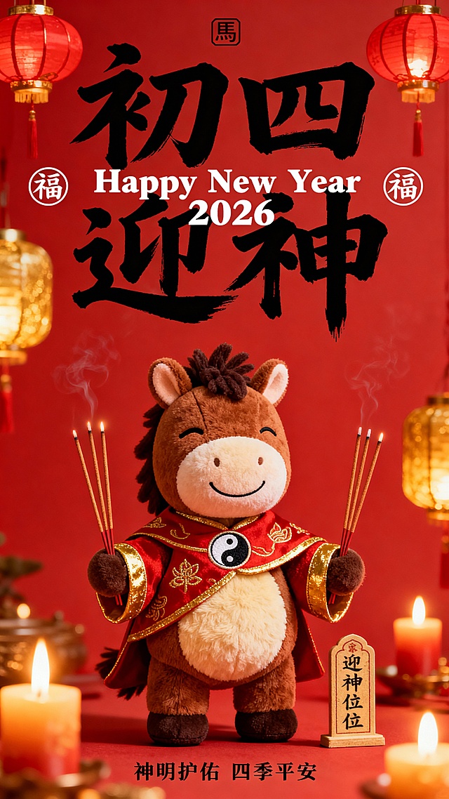 提示词：纯正面小马，Q 版棕褐配色的拟人毛绒小马公仔（腹部是浅米色毛绒，单眼眯起微笑，鬃毛为深棕短绒质感，圆鼓鼓的肚子），站立，身着红金法披（披身绣太极纹，袖口镶金边），双手举着三炷香，身旁立着简化版迎神位牌。红色背景，搭配红 / 金配色灯笼与金色烛光；小马公仔位于画面中下部核心区域；画面上部排布大号黑色毛笔大字 “初四 迎神”（笔触清晰），中间叠印白色体小字 “Happy New Year 2026”，背景文字两侧点缀圆形 “福” 字标识，画面顶部有小型 “馬” 字图形标识，底部有黑色很小的字 “神明护佑 四季平安”（2026 为毛笔字体）。