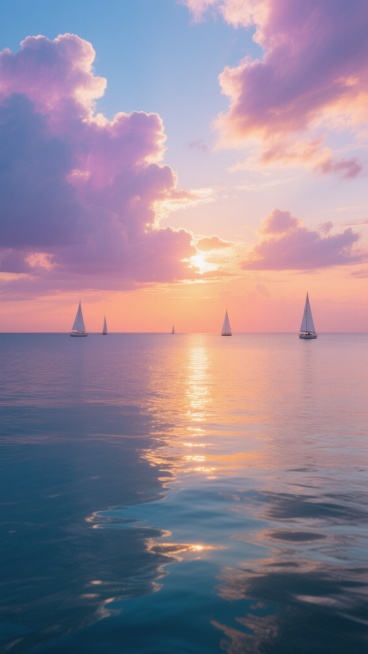 一片宁静的海面沐浴在壮丽的日落余晖中，天空中漂浮着被染成粉紫色和橙色的云彩，阳光从云层间穿透洒下，在海面上形成金色的波光粼粼的倒影，水面呈现出由深蓝向浅蓝渐变的色彩，远处的天际线将天空与海洋温柔分隔，整体画面呈现出超写实的摄影风格，光影柔和细腻，色调温暖而富有层次感，营造出宁静、祥和而又壮丽的氛围，海面上点缀着几艘远处的白色帆船，天边的云彩形态更加丰富多变，增添了画面的动感与细节。预览效果