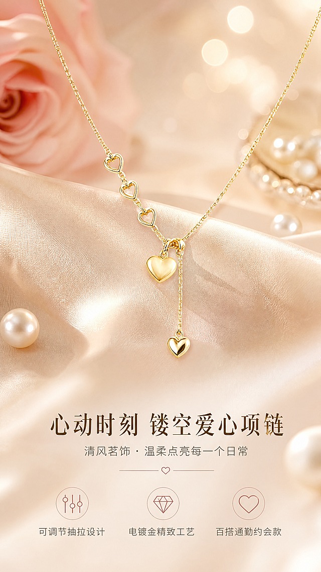 [商品] 使用【图1】清风茗饰镂空爱心项链；保留金色电镀质感、三颗镂空小爱心串联+一颗实心爱心主吊坠+抽拉尾链小爱心的完整结构、铜材金属光泽、链条粗细与比例；增强金属光泽与精致度，去除图片文字与白底。
[画面] 氛围头图，商品主角型。项链斜向优雅陈列于画面中央偏上，占画面约55%，下方留白放文案；前景为柔焦香槟色丝绸衬底，中景项链主体，背景为渐变暖米色柔光与散景光斑；搭配一朵浅粉玫瑰花瓣与珍珠作为氛围道具，≥3层环境元素，营造轻奢温柔高级感。
[视觉] 套系策略：风格=轻奢温柔高级商业摄影；标题字=纤细优雅宋体衬线粗体；正文字=简洁无衬线细体；主色=香槟金+奶油米白；背景延展=基于奶油米白做深浅渐变、丝绸质感与暖光散景；强调色=玫瑰粉金，仅用于小面积图标、引线和标签；标题色=深暖棕金；正文色=中暖灰；组件=圆角浅金信息卡、细金线引线；光影=左前侧45度暖柔光，金属高光清晰，阴影柔和。
[文字] 画面下方居中排版，主标题"心动时刻 镂空爱心项链"，副标题"清风茗饰 · 温柔点亮每一个日常"，下方3个短卖点：可调节抽拉设计 / 电镀金精致工艺 / 百搭通勤约会款；文字横向排版，不遮挡项链主体。
[规格] 图片比例9:16竖版，4K，避免变形、错字、文字过小、冷蓝背景、颜色改变、结构失真、项链缺件。