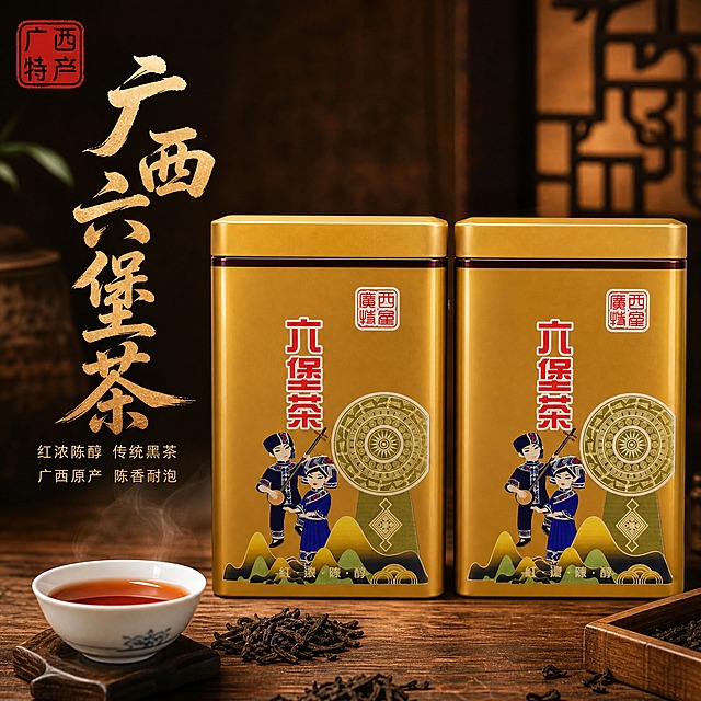 [主图-1] 首图点击率 广西六堡茶金色铁罐装 突出茶品品质与广西民族特色
[统一基调] 国风品质感 暖调茶韵 深棕木色背景配暖金点缀 主标题用厚重书法体深棕色 辅助文案用细黑体浅金色 整体专业靠谱 淘宝天猫风格
[画面] 两罐金色六堡茶铁罐并排居中 罐体完整不切割 占画面65% 罐体保持原图外观：金色金属质感 正面竖排红色"六堡茶"大字 右上角红色印章式"广西特产" 下方壮族男女铜鼓图案 底部山水纹样和"红浓陈醇"小字 背景为深棕色实木茶桌 桌面散落少量深褐色六堡茶干茶 旁边放一只白瓷茶杯 杯中茶汤红浓透亮 微微冒热气 营造温润品茶氛围 左上角放同款"广西特产"红色印章Logo
[光影质感] 商业摄影质感 暖调侧光 罐体金属反光自然 茶汤通透有光泽 桌面有柔和接触阴影 整体温暖醇厚
[配色] 背景深棕木色 主字深棕近黑 辅助字浅金色 强调色朱红 茶汤红棕色 整体暖调统一
[文字版式] 左侧上方主标题大字"广西六堡茶" 下方小字"红浓陈醇 传统黑茶" 再下方"广西原产 陈香耐泡" 文字放在左侧负空间 不遮挡罐体 书法体主标题厚重有力 辅助文案细黑体 字号层级分明
[输出要求] 1:1正方形 2048x2048 文字清晰可读 产品清晰不变形 无错字 无水印 无平台Logo 禁止杂乱背景 禁止罐体变形 禁止茶汤颜色失真