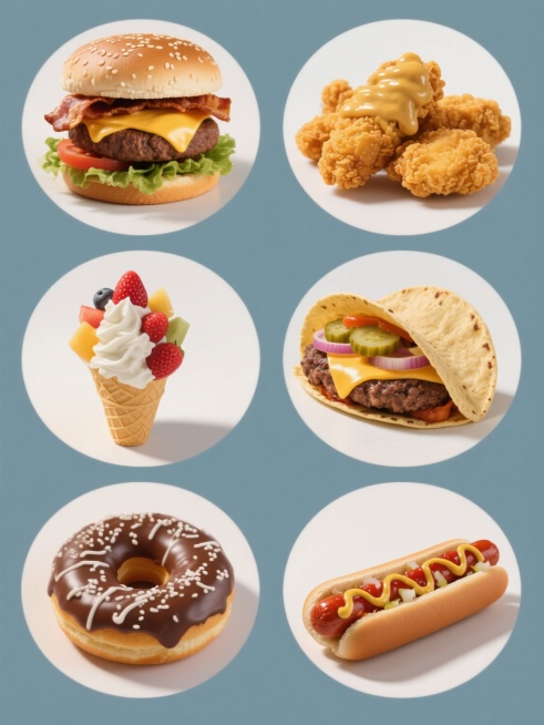 一系列6个不同的快餐食品特写，每个食品保持与原图一致的超写实摄影风格，高细节，极致清晰的材质表现，柔和的主光源从斜上方照射，产生自然的高光和阴影过渡，纯色背景（每个食品可略有不同但和谐的纯色背景），圆形构图突出主体。元素包括：1. 双层芝士牛肉汉堡配芝麻面包、生菜、番茄、培根和酱汁；2. 金黄酥脆的炸鸡块配蜂蜜芥末酱；3. 堆满新鲜水果和奶油的草莓圣代冰淇淋；4. 夹满牛肉饼、芝士、酸黄瓜和洋……预览效果