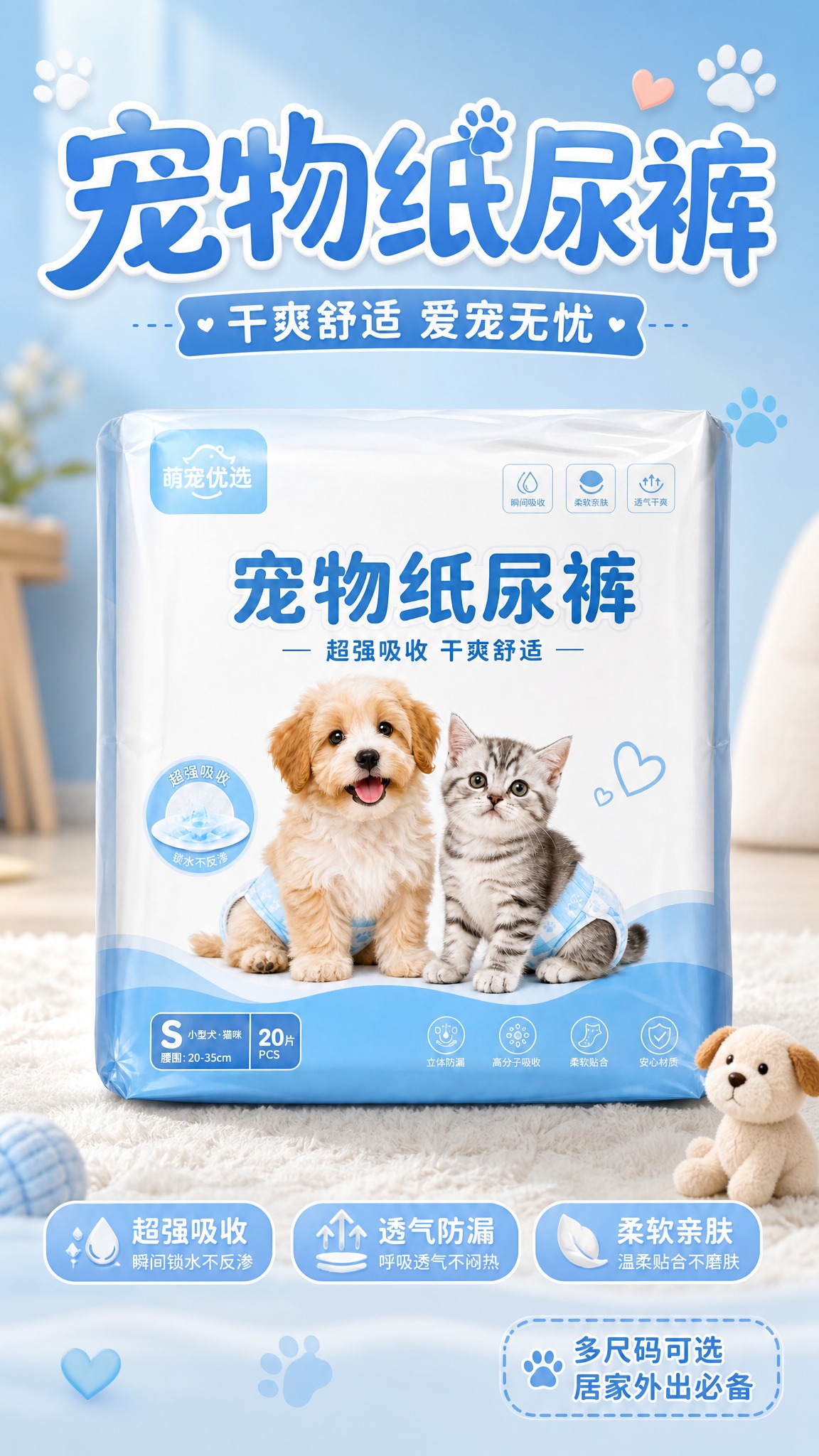 宠物纸尿裤商品营销海报，写实商业摄影风格，画面中央展示宠物纸尿… - 图片创意预览