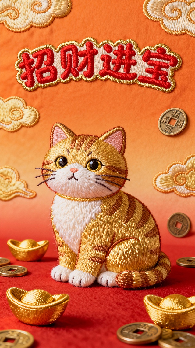 刺绣风与国潮元素结合，卡通招财猫萌趣十足，重拟物手法呈现金元宝与古币，喜庆红橙配色传递新年好运。