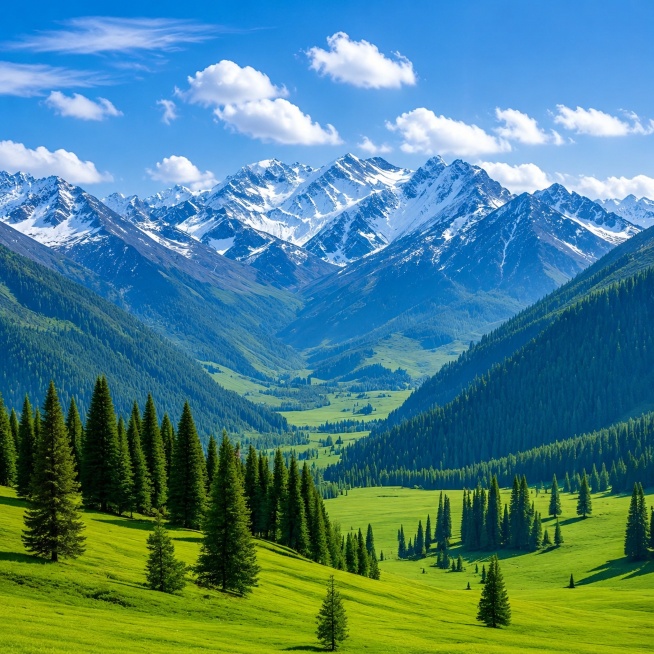 参考原图片的风格，重新生成这幅天山山谷森林的自然风光图，保持原有的构图和色彩风格，展示雪山、山谷、草原和森林的层次预览效果