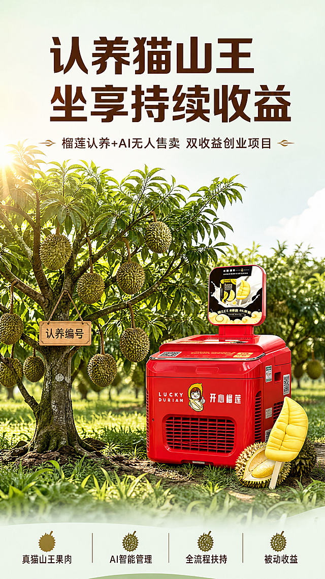 [第1屏] 详情页头图-猫山王榴莲认养AI无人售卖机创业项目宣传海报。本屏参考【图1】的榴莲树场景和【图4】的售卖机外观，保持售卖机红色机身、顶部展示屏、正面品牌文字结构颜色与原图一致，榴莲树风格参考【图1】自然田园风格。
[氛围/风格] 自然田园+商业科技结合，阳光明媚的榴莲园氛围，商业摄影质感，画面大气有吸引力。
[元素布局] 左侧是挂满榴莲的猫山王榴莲树，阳光透过绿色树叶洒下，挂着认养编号木牌，右侧放置红色AI无人售卖机，售卖机旁放一根猫山王榴莲冰淇淋。整体左右布局，主体清晰，榴莲树和售卖机各占一半左右，前景绿色草地，背景连片榴莲园延伸，层次丰富。
[光影质感] 上午自然光从左侧照射，整体明亮温暖，树叶和榴莲光影自然通透，售卖机红色漆面高光清晰，整体明暗层次丰富。
[配色色系] 全局底色：#E8F5E9（浅绿自然底）；主体配色：#2E7D32（树叶深绿）+#E21B1B（售卖机红色）+#F7DC6F（榴莲果肉黄）；文字：深棕色清晰可读。
[视角构图] 水平全景构图，左侧榴莲树，右侧售卖机，天地留白合适，符合9:16竖版移动端浏览。
[文字版式] 顶部主标题「认养猫山王 坐享持续收益」，深棕色加粗居中，字号为画面高度6%。副标题「榴莲认养+AI无人售卖 双收益创业项目」，深棕色常规字居中，字号为主标题40%。底部四个核心卖点：「真猫山王果肉」「AI智能管理」「全流程扶持」「被动收益」，每个卖点配榴莲小图标，横向均匀排列，文字不遮挡主体。
[比例分辨率] 9:16竖版比例，4K分辨率，文字清晰可辨，超高清。
[负向提示词] 售卖机变形，结构错误，颜色偏差，榴莲树风格不自然，文字错乱，背景杂乱，诱导点击按钮，极限词