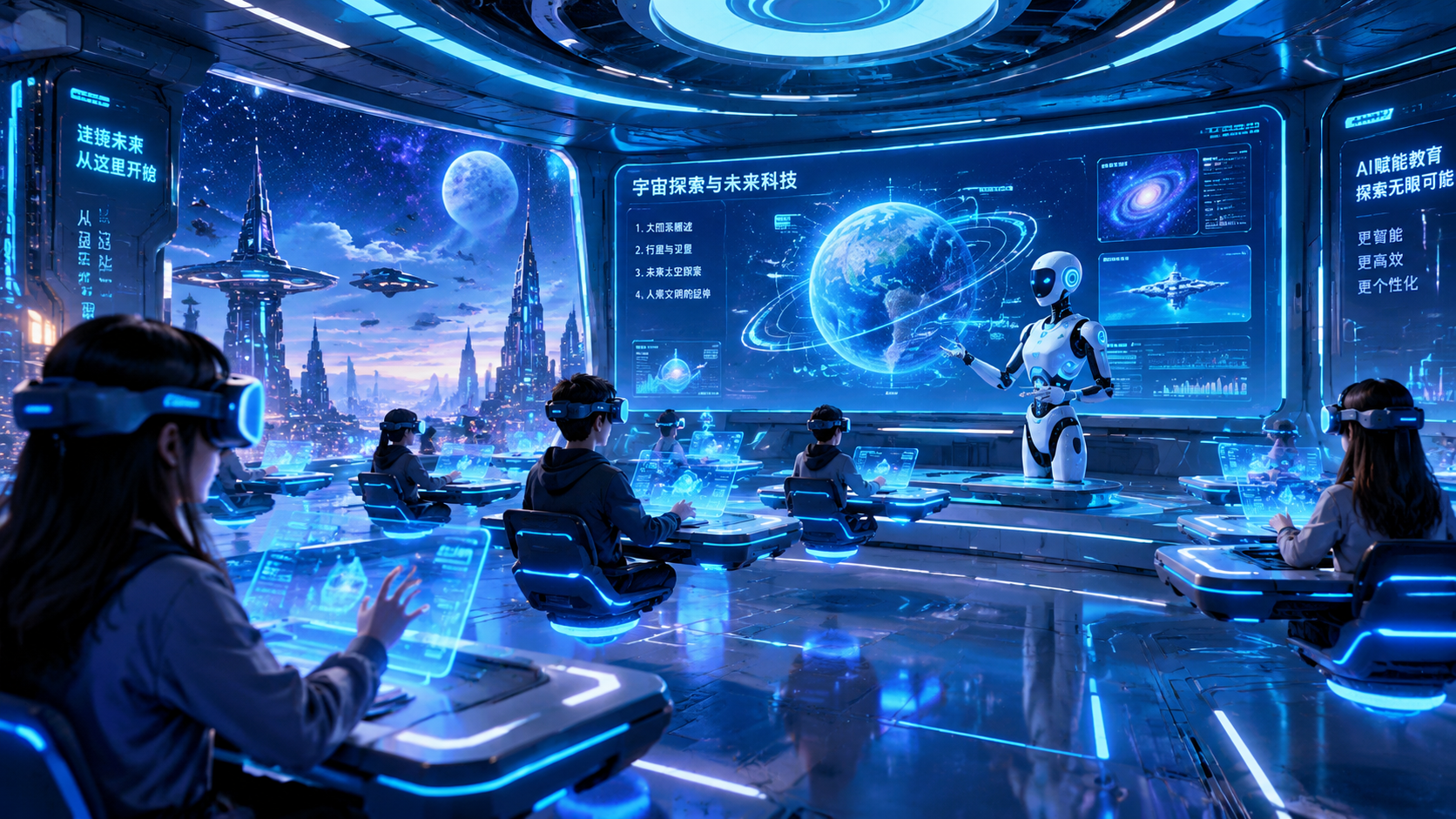 科幻风格的未来教室，深蓝色调，全息投影屏幕，悬浮的课桌，科技感… - 图片创意预览