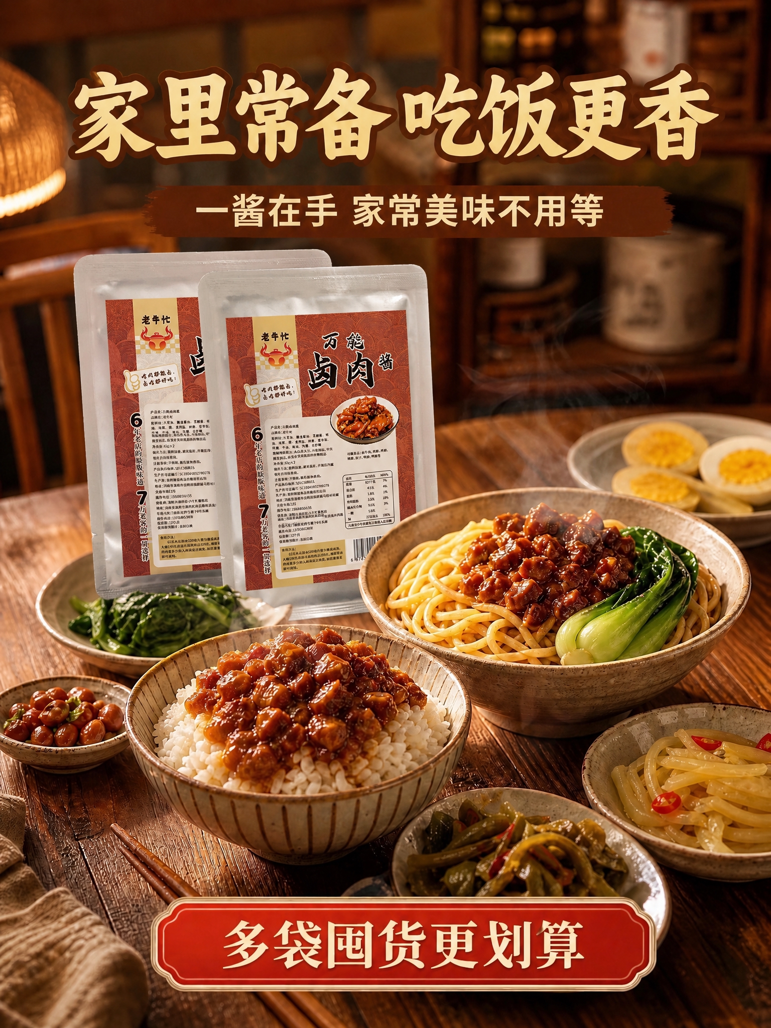 将图一中的两袋卤肉酱包装替换为图二的万能卤肉酱铝箔袋包装样式（… - 图片创意预览