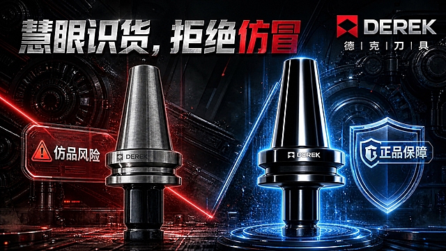 在原图基础上优化，强化正品高级感对比：右侧正品黑色刀柄采用亮黑陶瓷镀层质感，带有深邃镜面反光，周围环绕蓝色能量光效和粒子，底部有悬浮发光平台，整体更具未来科技感和高端质感；左侧仿品银色刀柄呈现普通工业金属质感，光泽偏暗偏灰，表面有细微拉丝痕迹，光效偏暗红警示感，整体显得普通廉价。保持布局、标题文字、LOGO、两侧标识完全不变。16:9横版，电影级光影，画面锐利清晰。