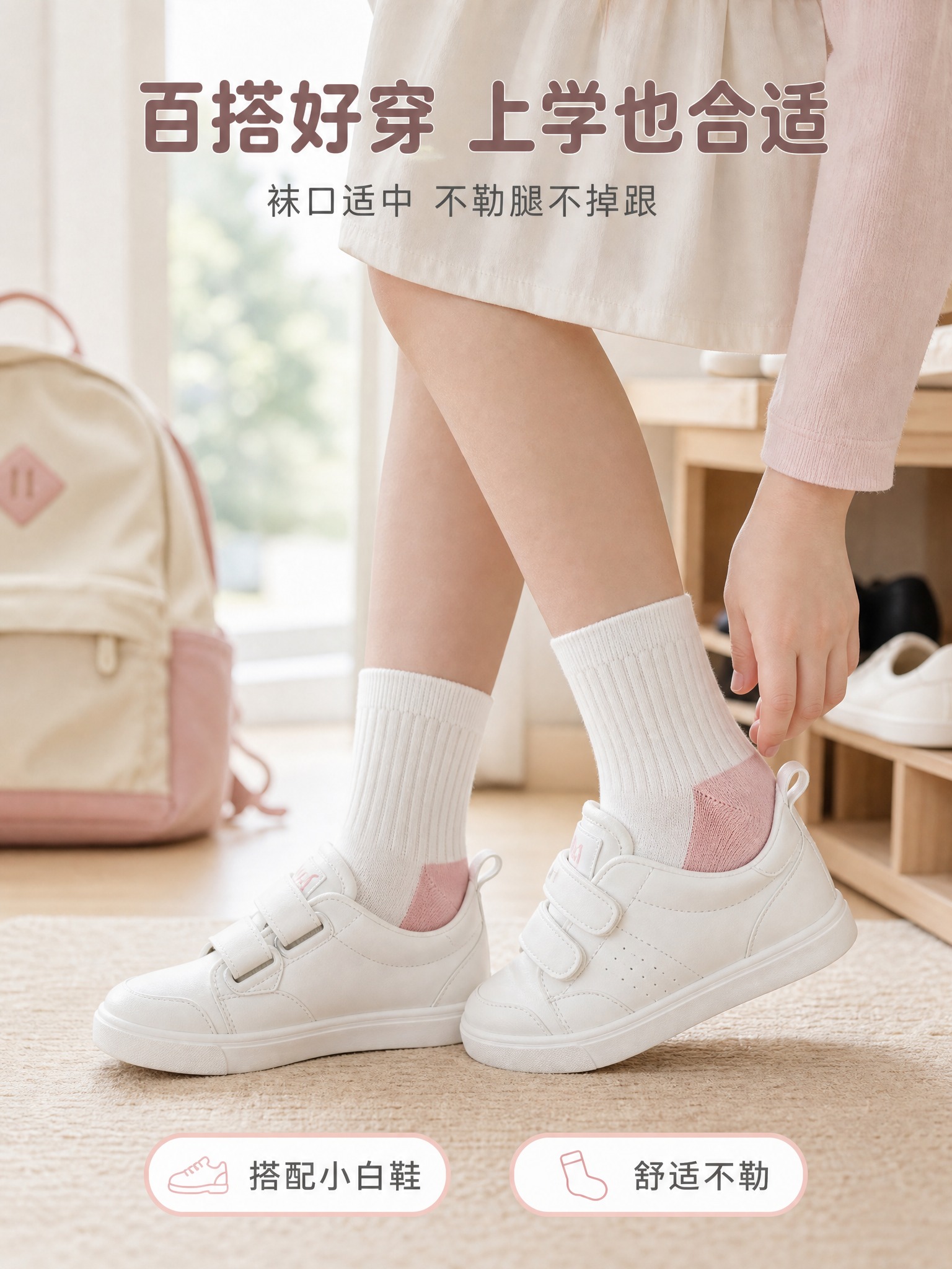 [主图-3] 儿童袜穿鞋场景 女童粉色袜子配小白鞋 上学穿搭场… - 图片创意预览