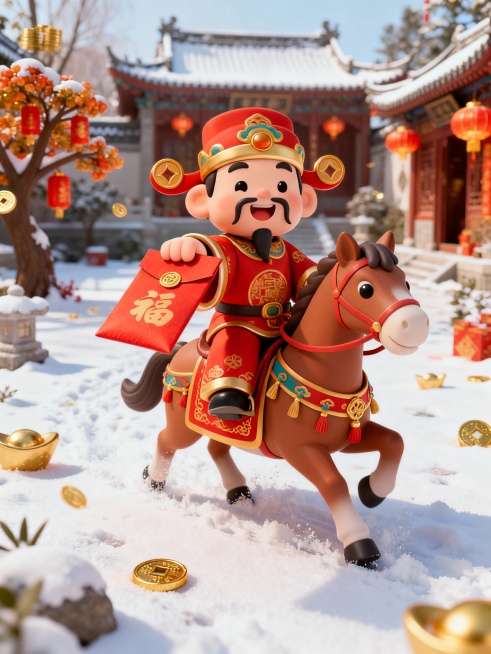 卡通3d风格。财神爷骑着一只马（马身装饰红包），手拿图中主体递出画面（主体占画面比40%），背景为中式庭院建筑（虚化，灯笼、发财树、金币元素装饰，突出过年喜庆感），雪地场景，轻微鱼眼镜头视角。比例3：预览效果