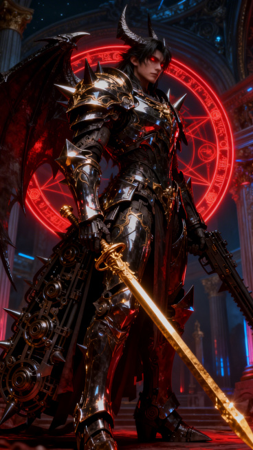 我要生成一个冥神哈迪斯的机甲形态，身体机甲参考「图片1」，人物面部帅气中充满着邪气，红色的双眸，黑长的头发，身后是一个充满神秘气息的神秘红色法相圆环，轻微仰视视角，中近景镜头，人物刻画细致，背景是赛博预览效果