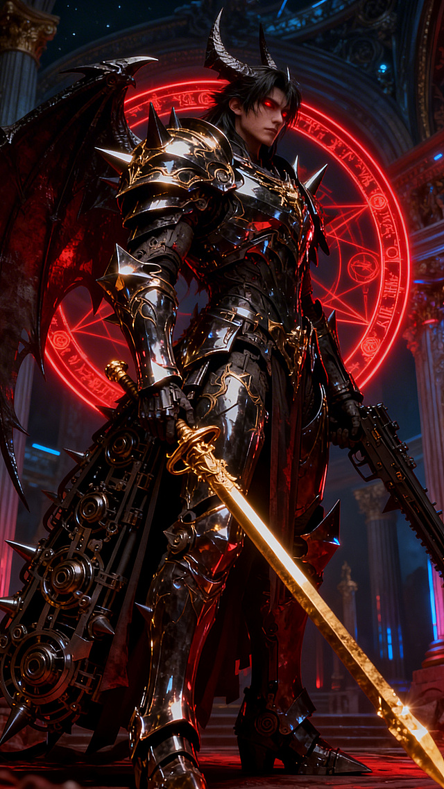 我要生成一个冥神哈迪斯的机甲形态，身体机甲参考「图片1」，人物面部帅气中充满着邪气，红色的双眸，黑长的头发，身后是一个充满神秘气息的神秘红色法相圆环，轻微仰视视角，中近景镜头，人物刻画细致，背景是赛博朋克风格的暗夜西方神殿（神殿装饰华丽），神秘，冰冷，魔幻。