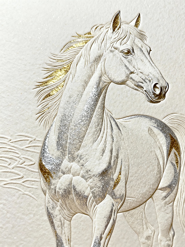 融合压纹工艺的骏马主题艺术设计，高奢质感，马的前半身，米白色细腻颗粒质感宣纸，部分马毛根据光影点缀金、银压印，高清晰度，日式简约设计，叠影浮凸渗透，完美构图，图案真实