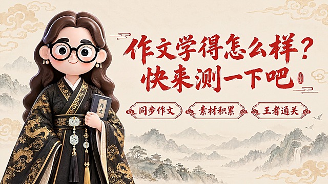 保持参考图的整体构图、背景、文字内容和排版完全不变，仅将左侧的女老师形象替换为image2中的Q版卡通女老师形象：戴大黑圆框眼镜、棕色大波浪长发、穿黑金汉服、腰间玉佩流苏，3D黏土质感。logo的基本特征完全保留不变。右侧文字保持不变：作文学得怎么样？快来测一下吧，下方三个项目同步作文、素材积累、王者通关。背景祥云远山保持原样。