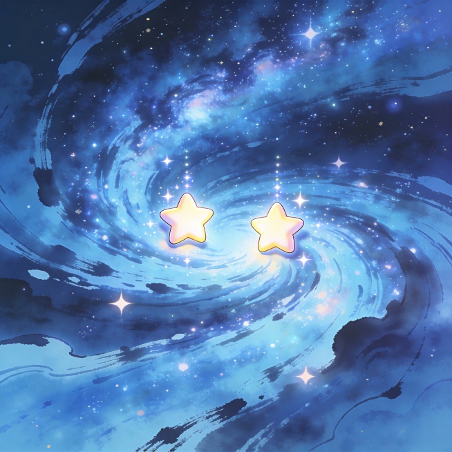 浩瀚星空银河，璀璨星河流动，两颗明亮的星星隔河相望，中国水墨风格星空，3D卡通国漫风格，梦幻蓝色调，星星闪烁特效，银河漩涡状，深邃宇宙背景预览效果
