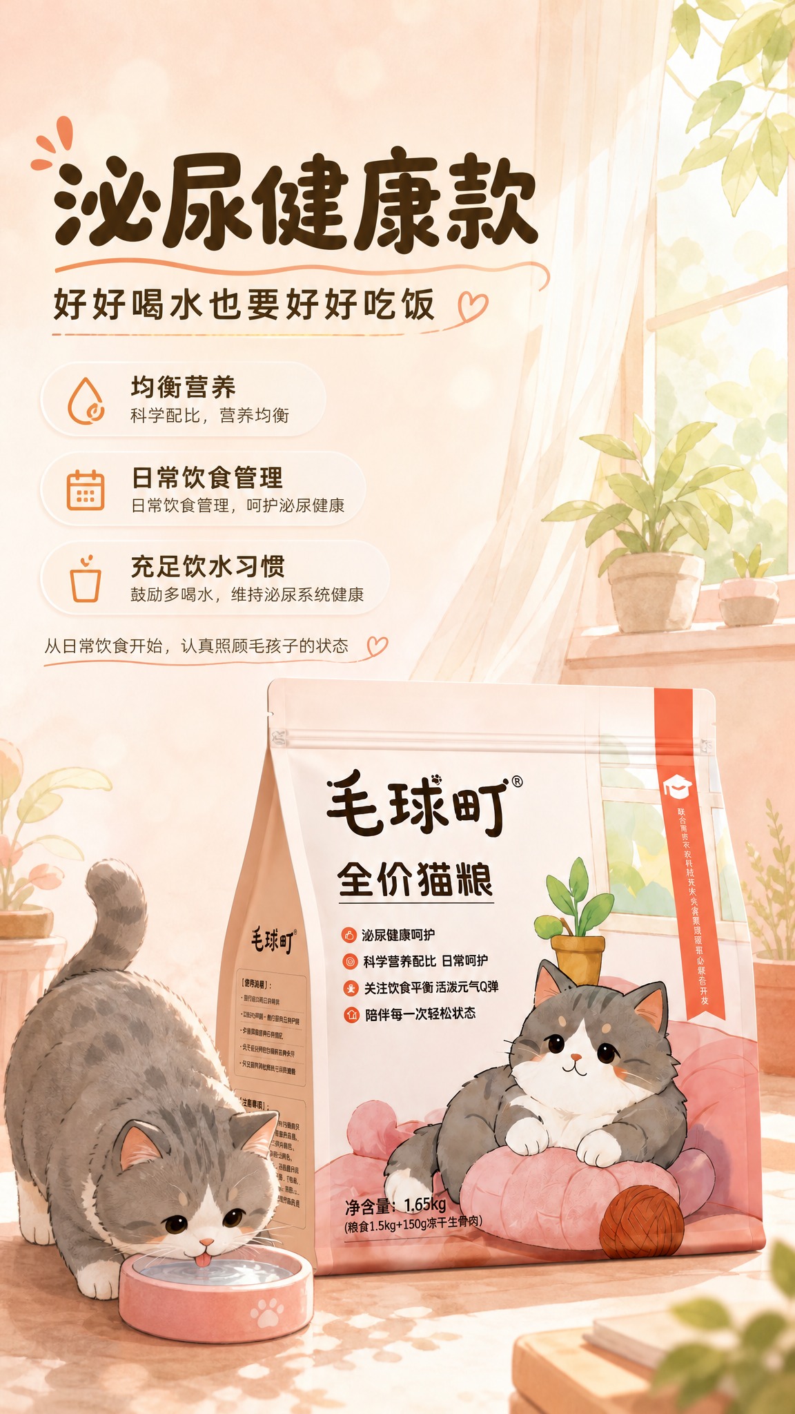 [商品] 使用【图1】泌尿健康款猫粮包装（暖橘粉色调，手绘灰猫… - 图片创意预览