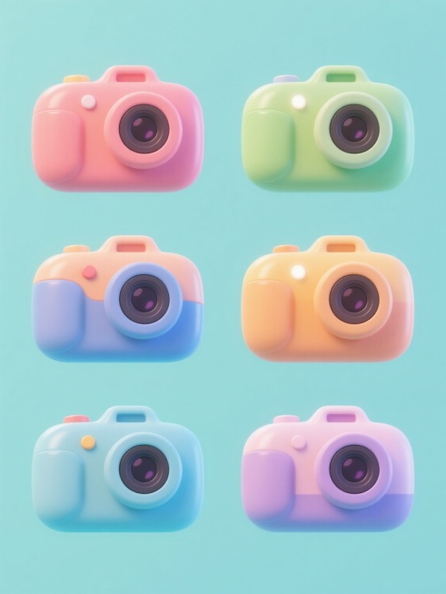 6个不同配色的卡通风格3D相机图标系列，每个相机保持相同的圆润造型和结构细节（包括镜头、按钮、闪光灯等），采用纯色背景，整体色彩方案完全不同，所有图标规整排布成一组集合，具有明亮柔和的光影效果和光滑的材质质感，设计简洁可爱，适合作为系列素材使用。预览效果