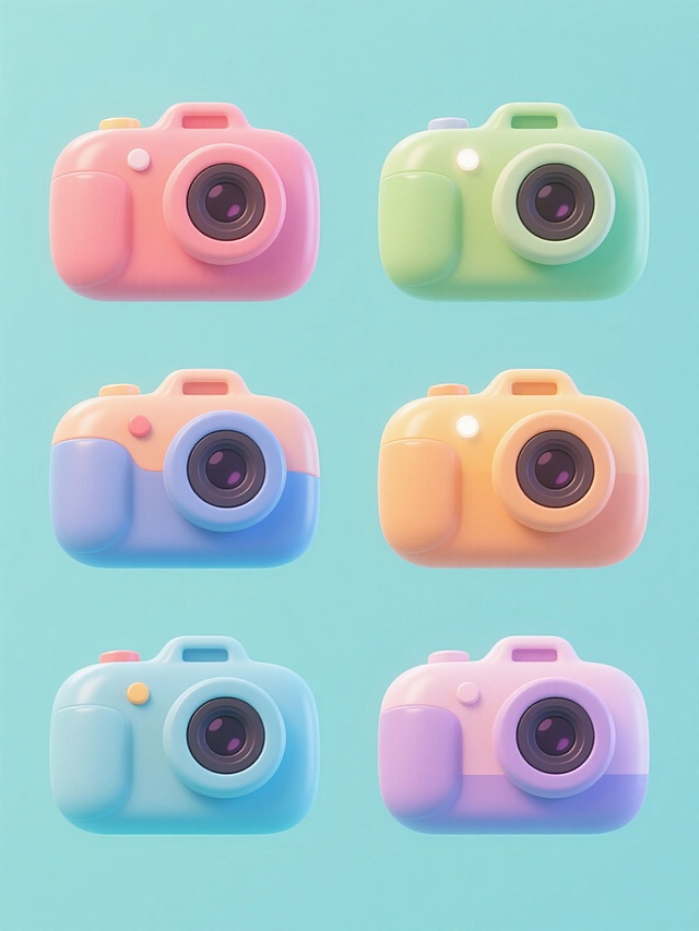 6个不同配色的卡通风格3D相机图标系列，每个相机保持相同的圆润造型和结构细节（包括镜头、按钮、闪光灯等），采用纯色背景，整体色彩方案完全不同，所有图标规整排布成一组集合，具有明亮柔和的光影效果和光滑的材质质感，设计简洁可爱，适合作为系列素材使用。