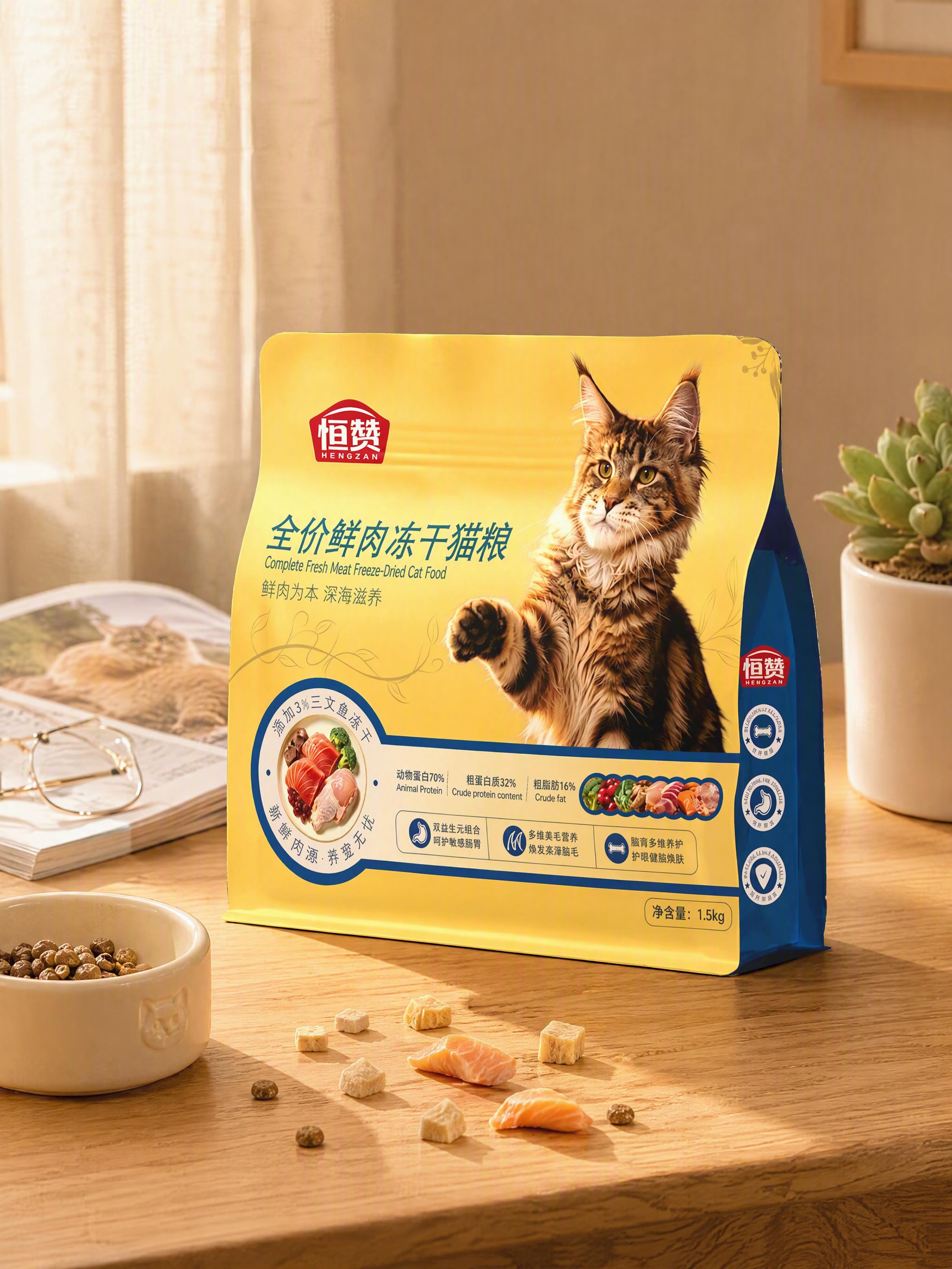 猫粮包装袋，严格参照上传产品图，完整保留所有可见组件、部件、轮… - 图片创意预览
