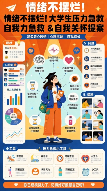 完全对标第二张图（亚健康海报）的信息密度与排版复杂度，重构第一张《情绪不摆烂！大学生压力急救 & 自我关怀提案》海报：1）顶部保留原主标题与副标；2）中心仍为戴学士帽女生，但周围环绕新增8个情绪相关症预览效果